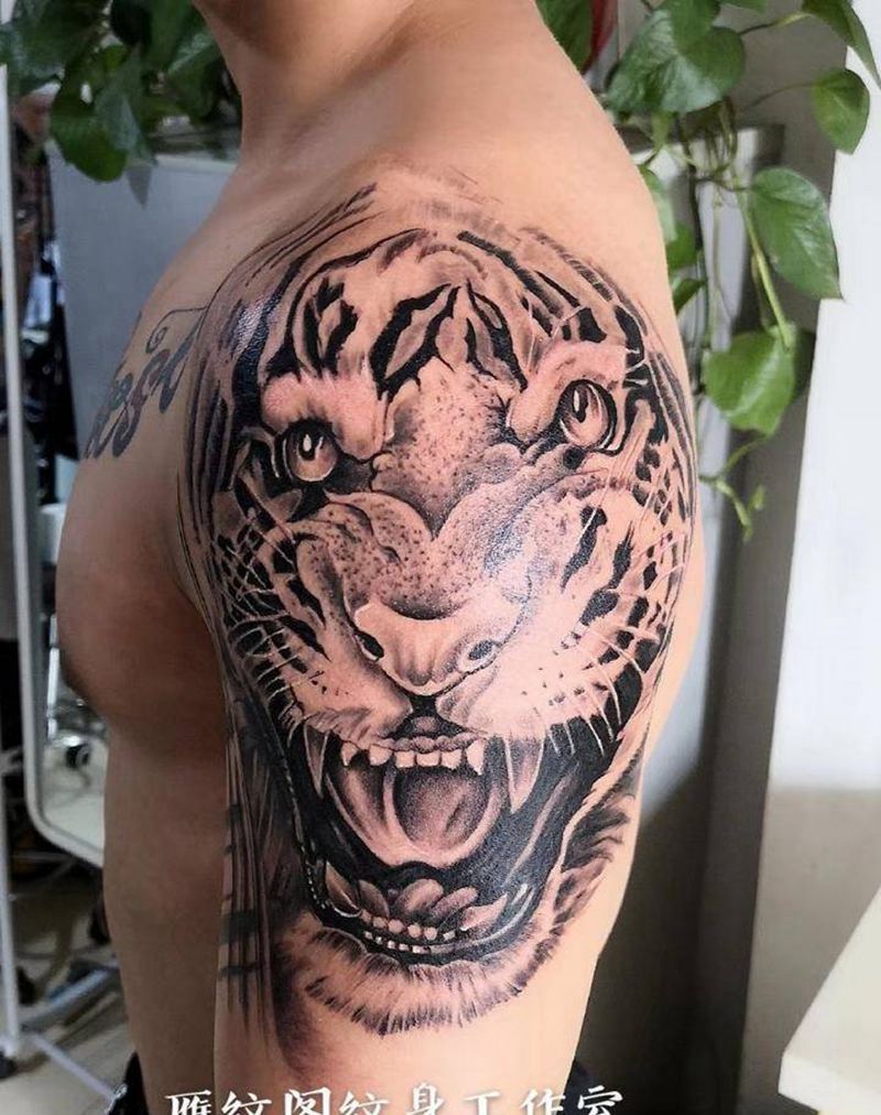虎头纹身图片_肩部纹身图案