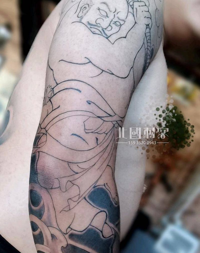 鲁提辖日式七分袖纹身图片_手臂老传统新传统花和尚鲁智深七分袖纹身图案