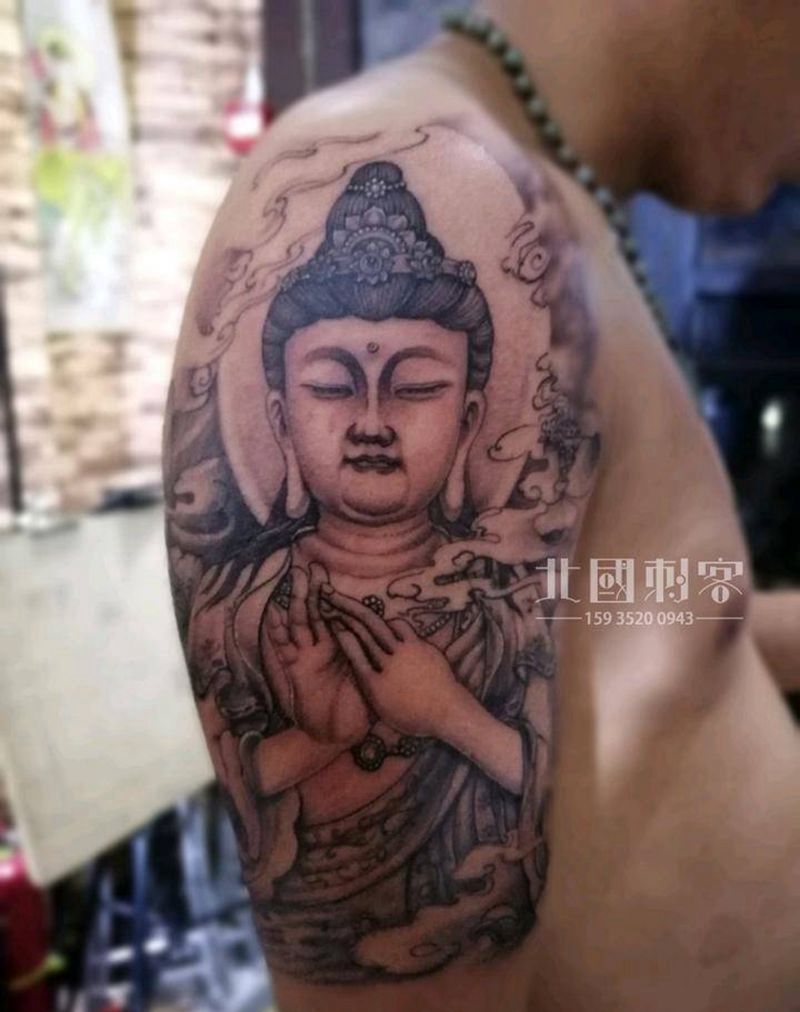 菩萨纹身图片_手臂肩部老传统新传统大臂菩萨菩萨纹身图案