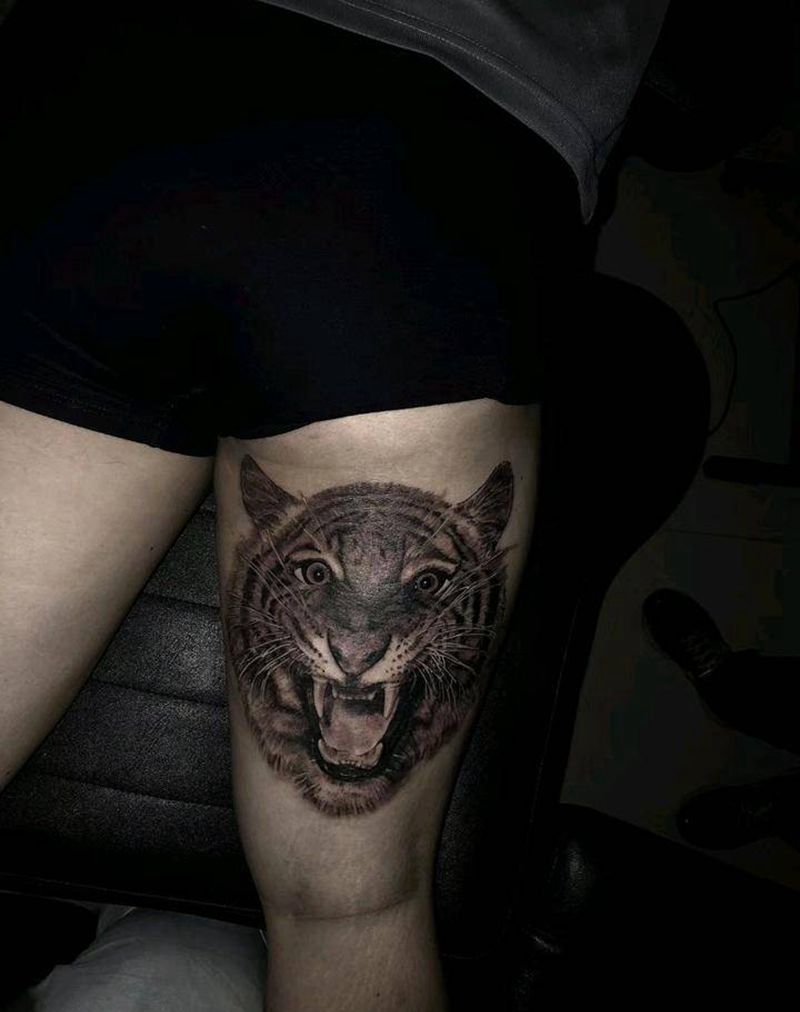 虎头写实纹身图片_腿部肖像写实动物原创成品纹身图案