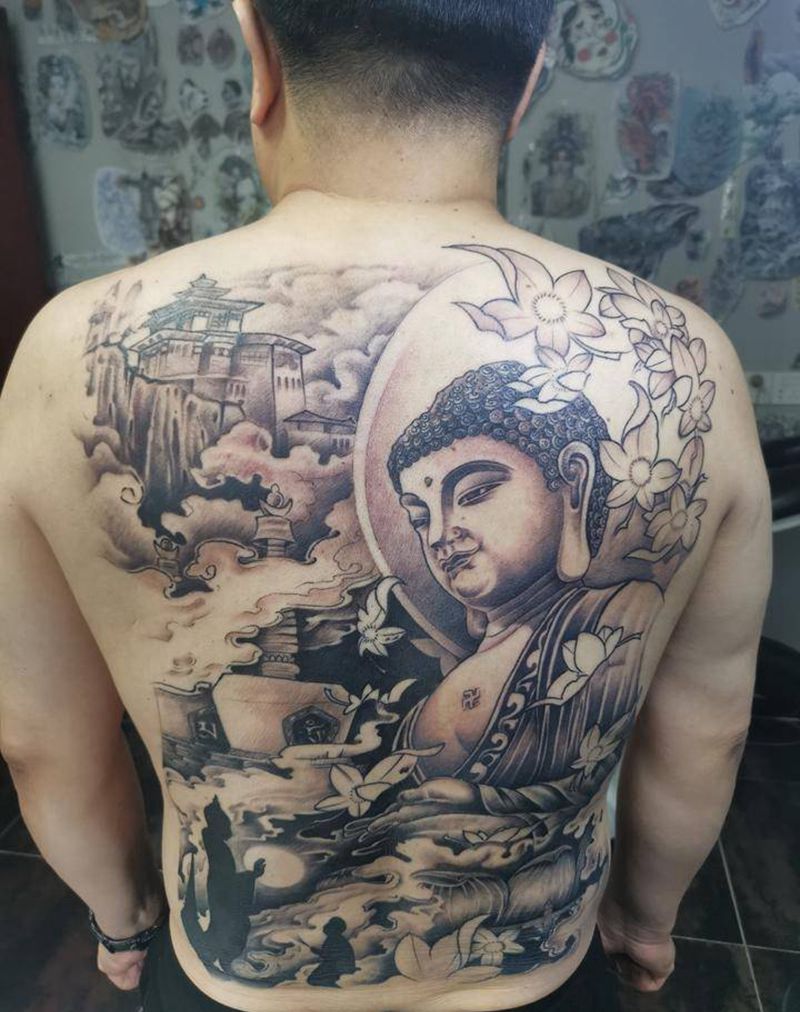 释迦牟尼佛纹身图片_背部新传统纹身图案