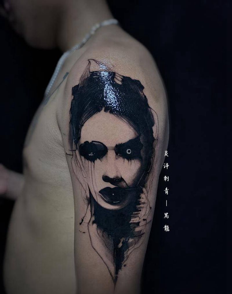 暗黑纹身纹身图片_手臂肩部水墨水彩暗黑恐怖纹身图案