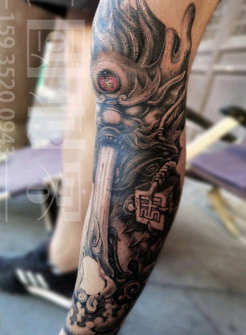 石雕龙包小腿纹身图片_脚部腿部老传统新传统石雕花腿包小腿纹身图案