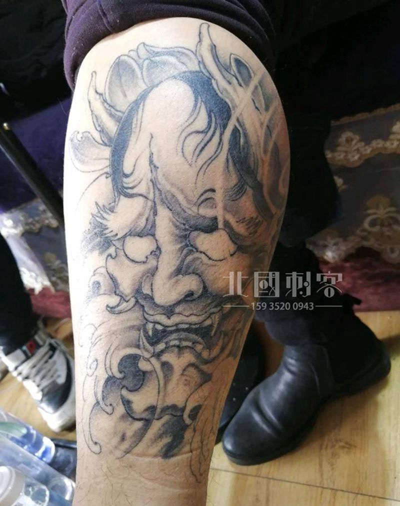 般若恢复后纹身图片_腿部新传统般若小腿般若纹身图案