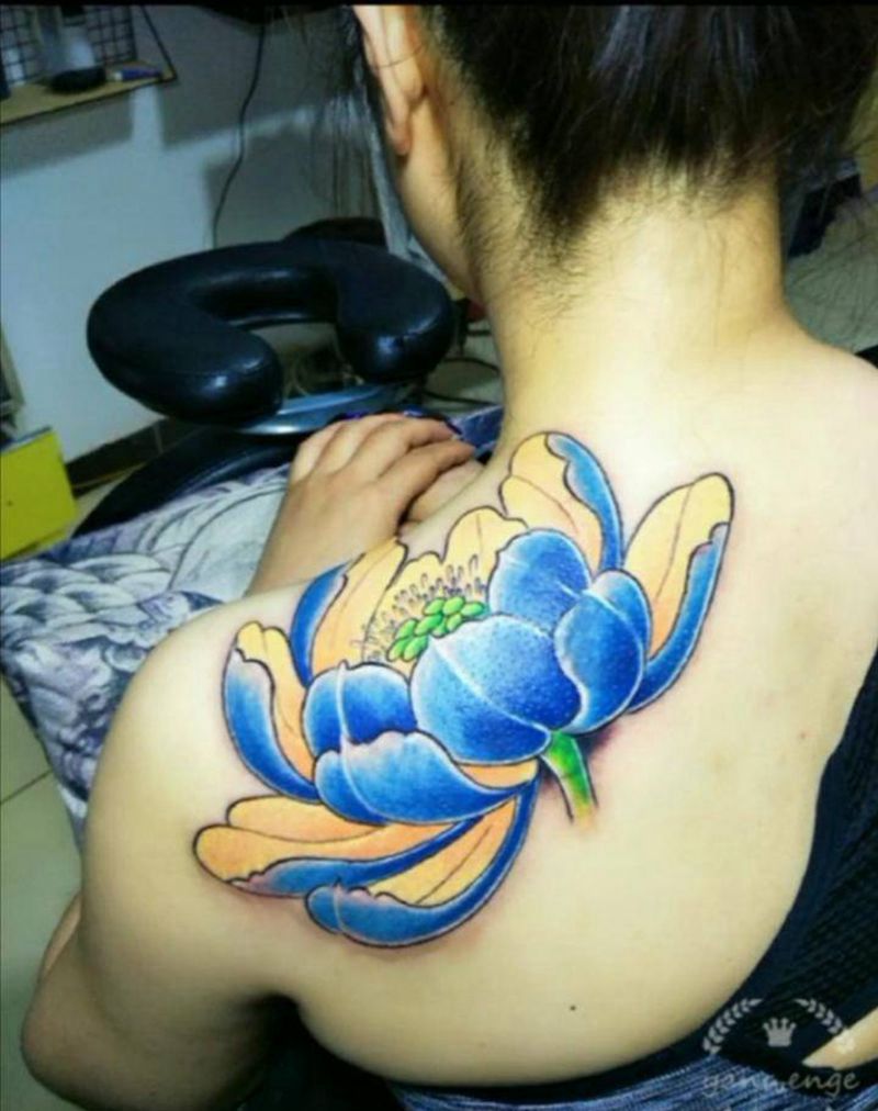 蓝荷花掩盖大蝎子纹身图片_背部纹身图案
