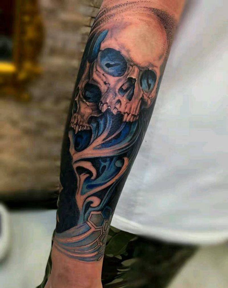 骷髅暴力遮盖纹身图片_手臂欧美写实纹身图案