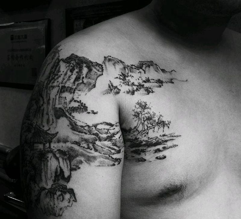 国画 山水纹身图片_手臂水墨纹身图案
