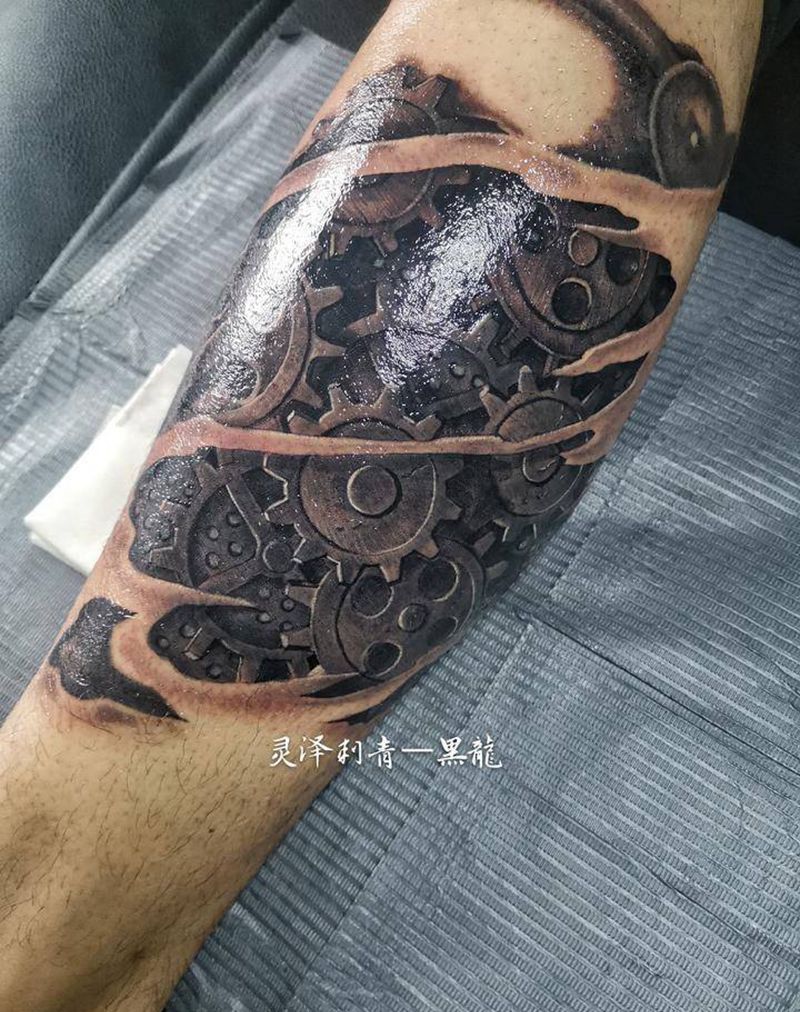 写实齿轮纹身图片_腿部欧美写实齿轮机械纹身图案