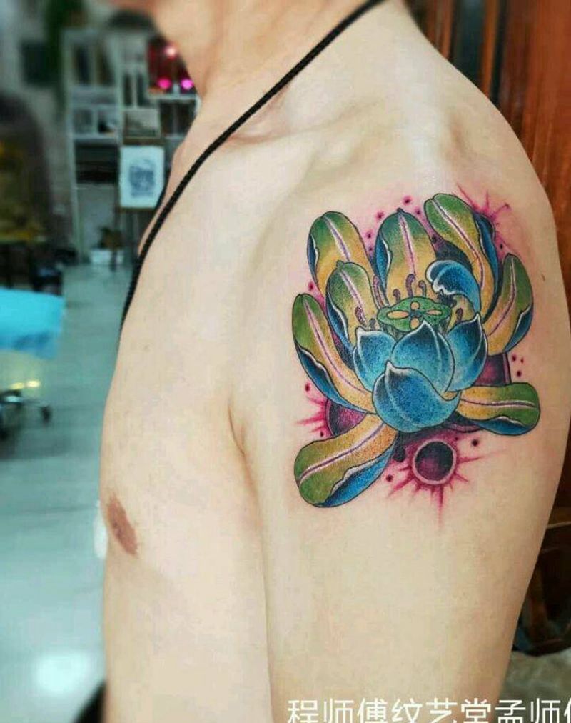 蓝莲花纹身图片_手部纹身图案