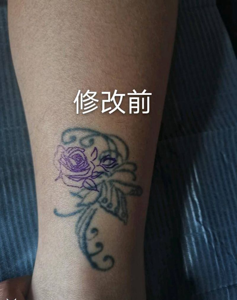 遮盖毁皮纹身纹身图片_腿部脚部欧美写实水彩玫瑰蝴蝶月亮纹身图案