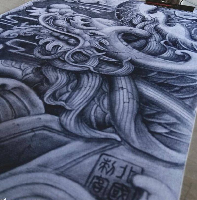 原创石雕龙手稿纹身图片_腿部背部欧美写实新传统纹身图案