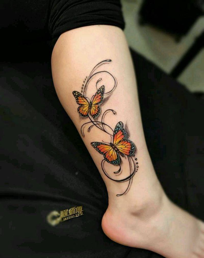 彩色蝴蝶纹身图片_腿部新传统纹身图案