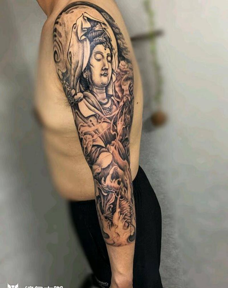 观音花臂纹身图片_手臂新传统纹身图案
