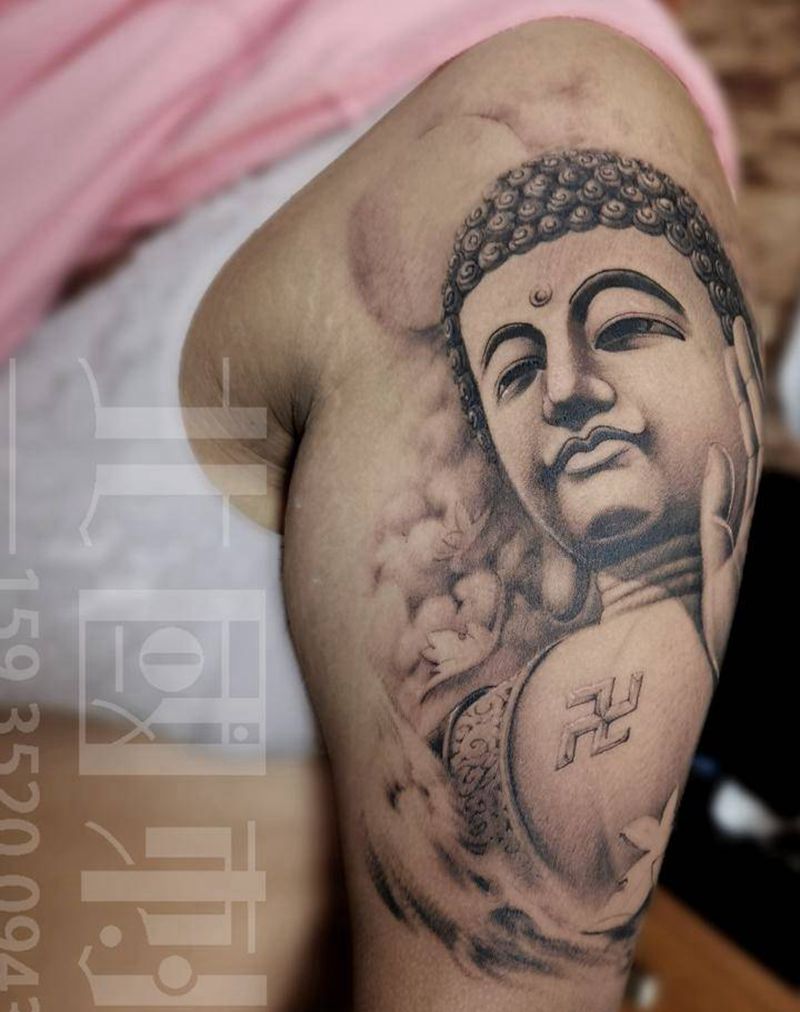 大日如来纹身图片_手臂肩部新传统老传统大日如来佛阿弥陀佛纹身图案