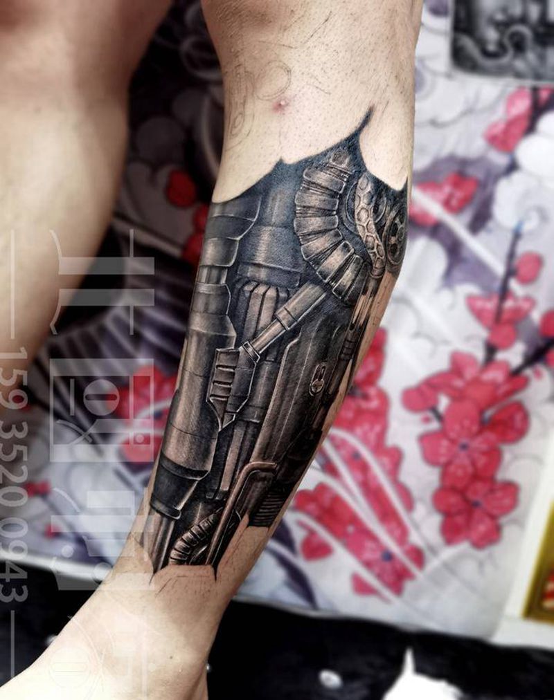机械腿纹身图片_脚部腿部新传统欧美写实机械腿机械纹身图案