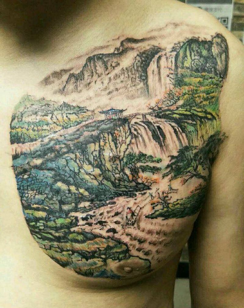 遮盖老虎山水画纹身图片