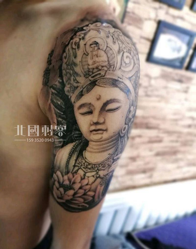 石雕普贤菩萨纹身图片_肩部手臂老传统新传统普贤菩萨石雕菩萨纹身图案