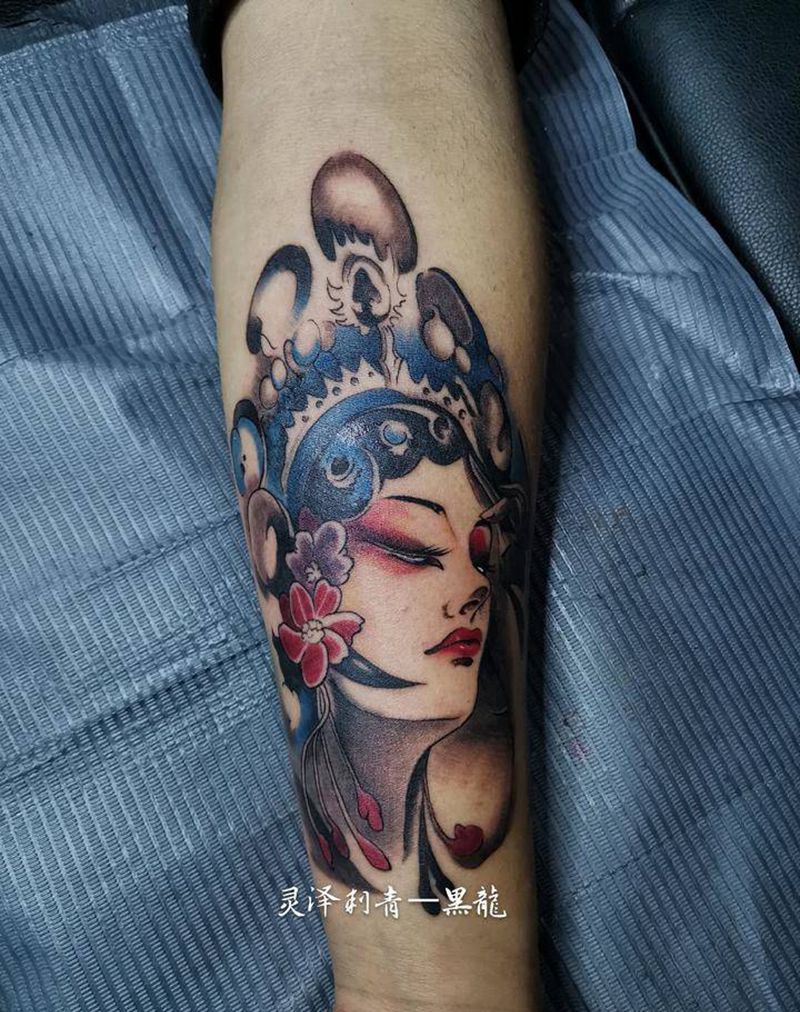 花旦纹身图片_手臂水墨新传统花旦纹身图案
