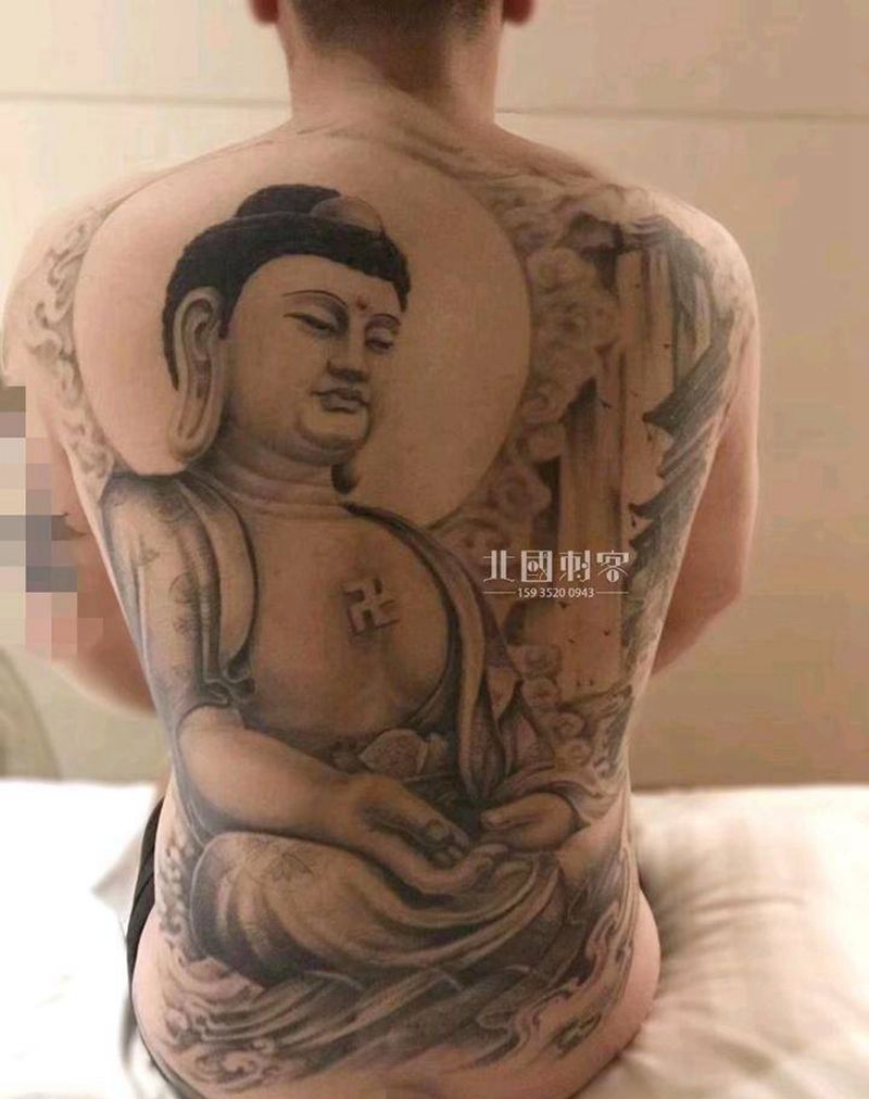 阿弥陀佛恢复后纹身图片_背部腰部新传统老传统满背佛阿弥陀佛大日如来纹身图案