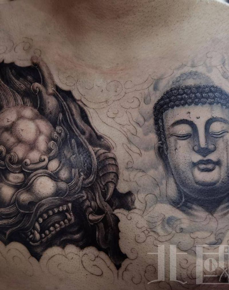 石雕花胸龙纹身图片_胸部新传统老传统石雕龙石雕佛纹身图案