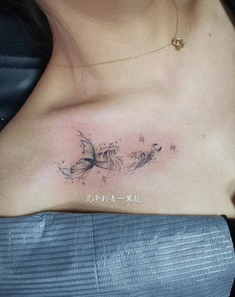 近期的小东西纹身图片_手臂胸部水墨几何花月亮鱼纹身图案