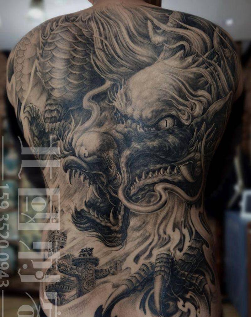 恢复后纹身图片_背部新传统老传统满背龙龙纹身图案