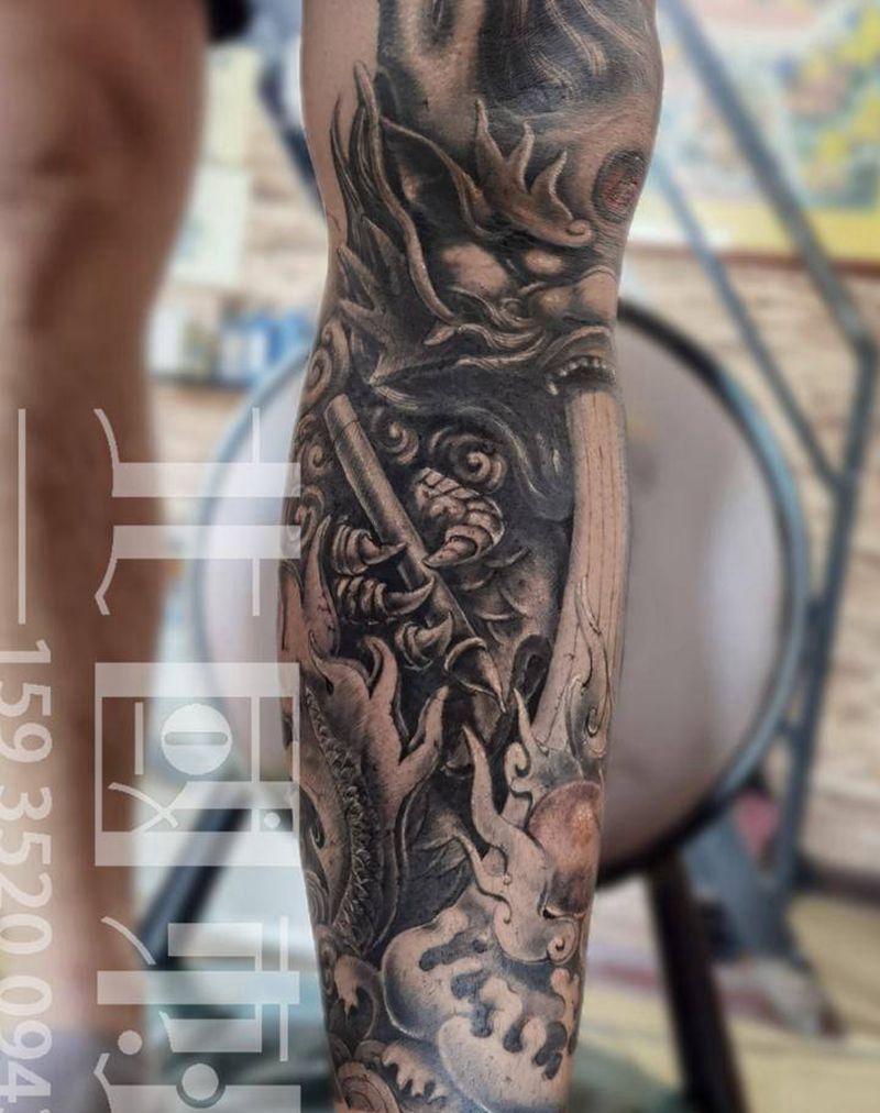 石雕龙纹身图片_腿部脚部新传统老传统石雕包小腿纹身图案