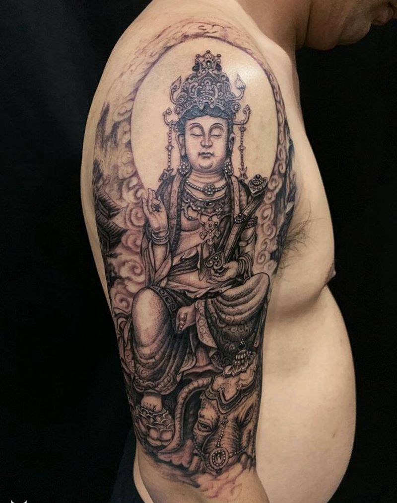 普贤菩萨纹身图片_肩部新传统纹身图案