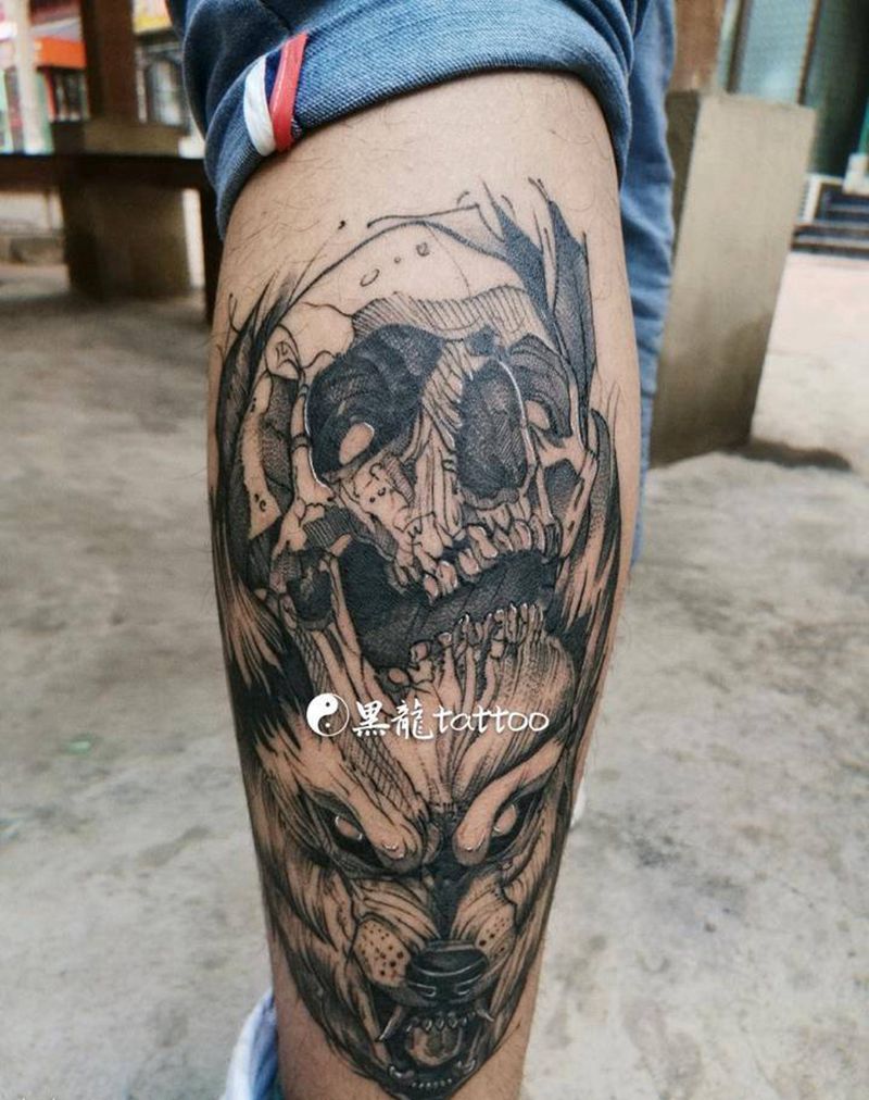 暗黑狼头骷髅纹身图片_腿部骷髅狼头纹身图案