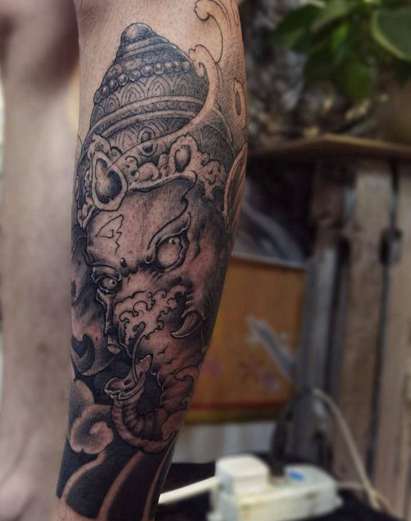 象神纹身图片_脚部腿部新传统老传统包小腿象神纹身图案