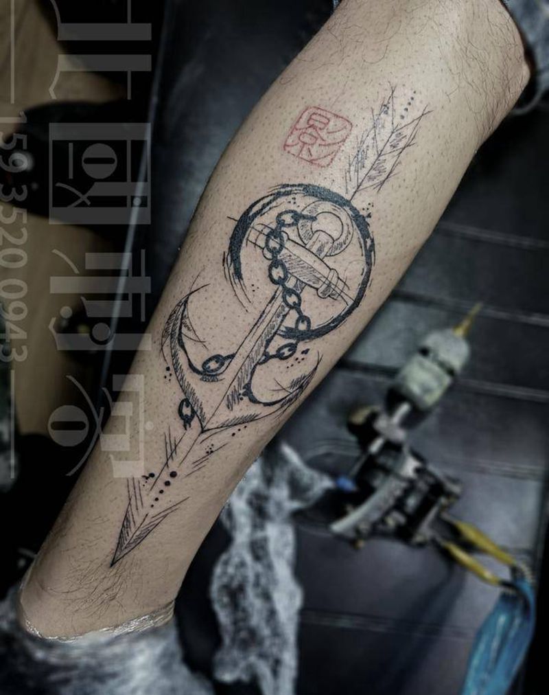 海锚纹身图片_腿部几何点刺海锚纹身图案