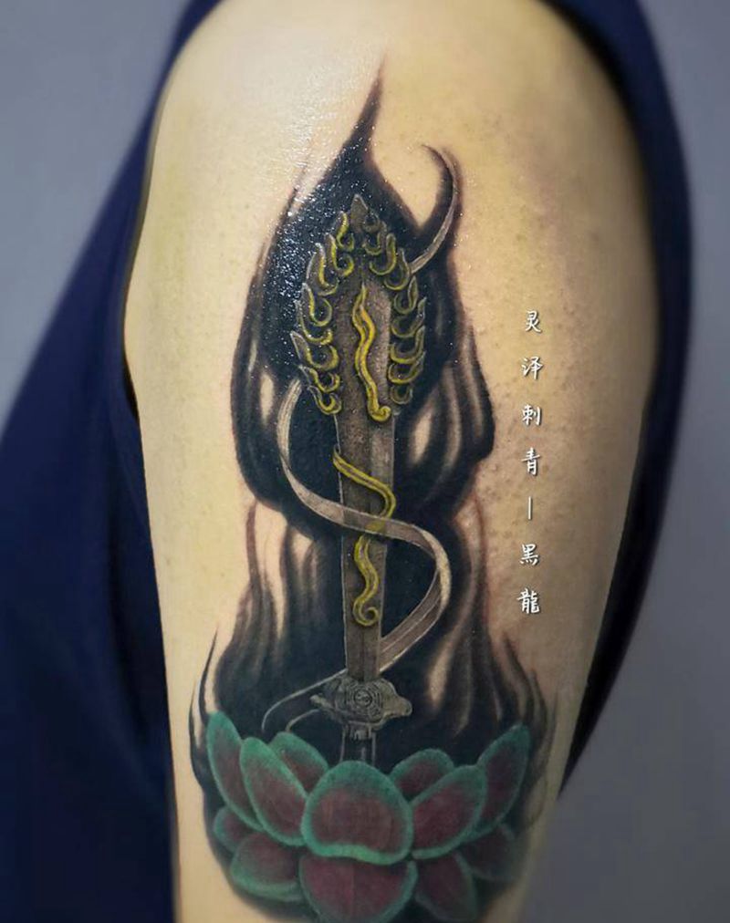 原创《文殊剑》纹身图片_手臂欧美写实剑文殊荷花纹身图案