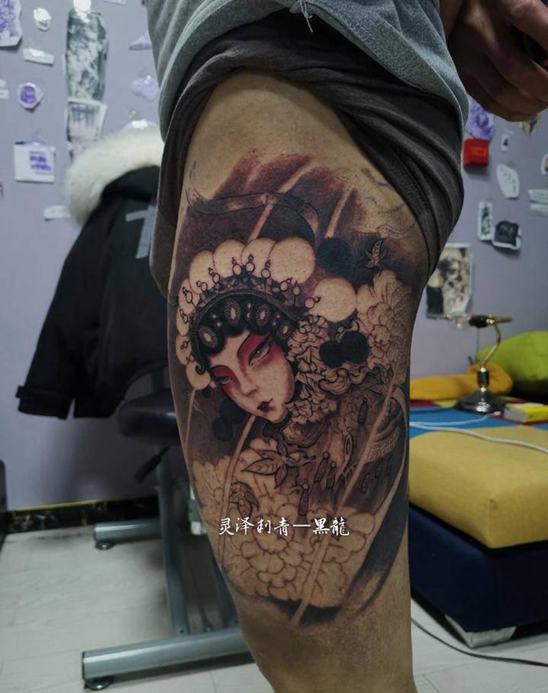 原创花旦纹身图片_腿部新传统花旦牡丹纹身图案