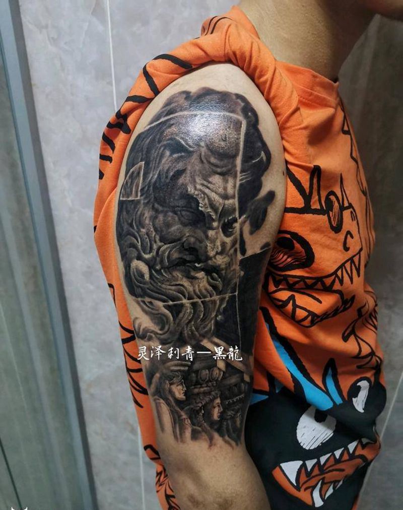 写实花臂拼接（未完）纹身图片_手臂肩部欧美写实海神背影天使纹身图案