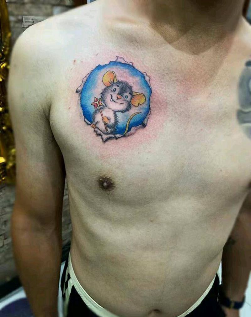 生肖~鼠纹身图片_胸部新传统纹身图案