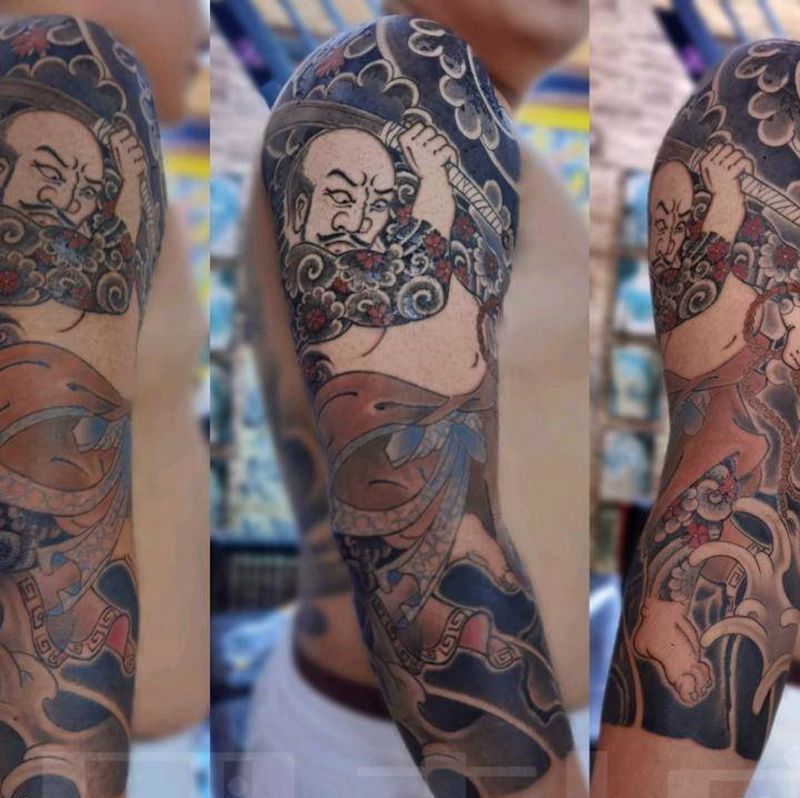 鲁提辖七分袖纹身图片_手部手臂新传统老传统花和尚日式花臂鲁智深纹身图案