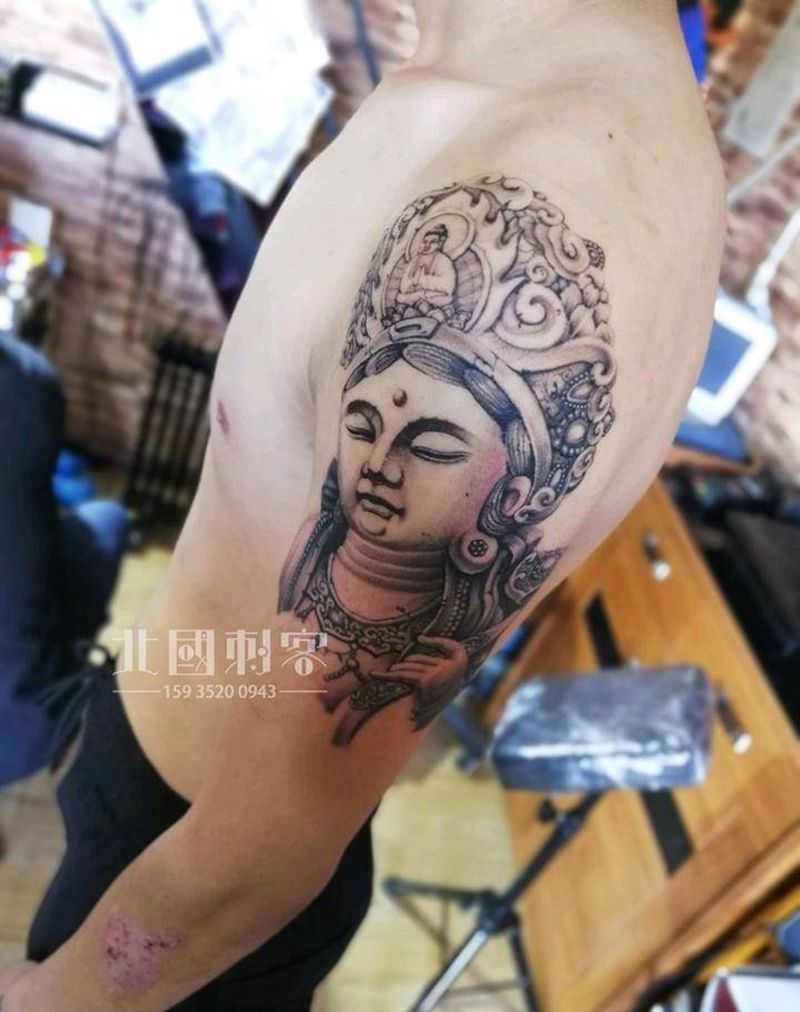石雕普贤菩萨第二次纹身图片_手臂肩部新传统老传统石雕普贤菩萨石雕菩萨纹身图案