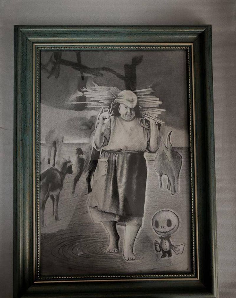 背柴老人纹身图片_素描纹身图案