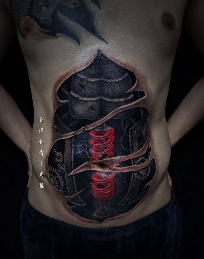 机械疤痕遮盖纹身图片_腹部欧美写实机械弹簧盔甲纹身图案