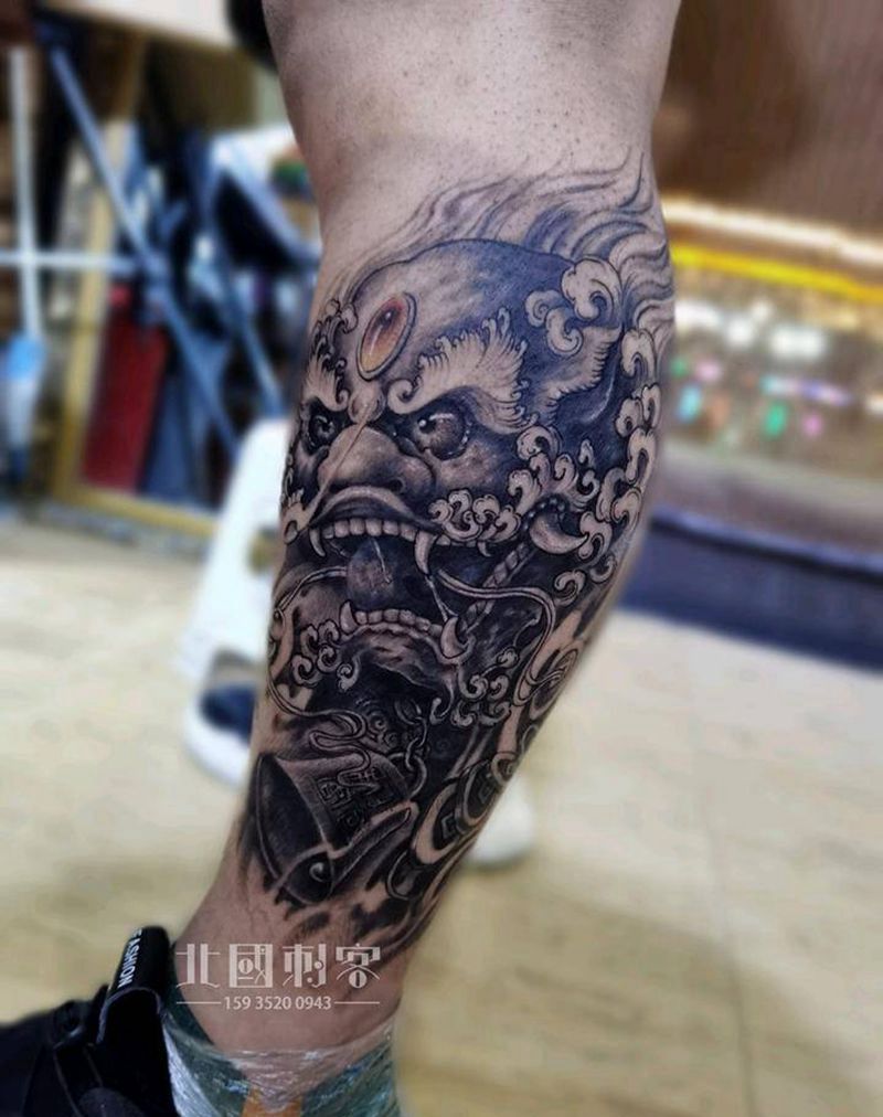 福狮纹身图片_腿部手臂新传统老传统唐狮福狮狮子纹身图案