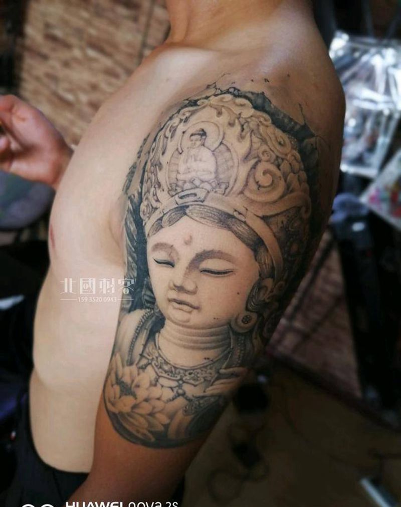 恢复纹身图片_肩部手臂老传统新传统石雕菩萨普贤菩萨纹身图案