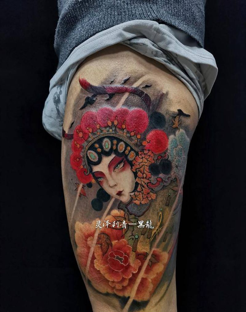 原创花旦纹身图片_腿部新传统花旦牡丹纹身图案