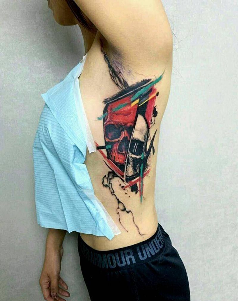 彩色骷髅纹身图片_腰部欧美写实纹身图案