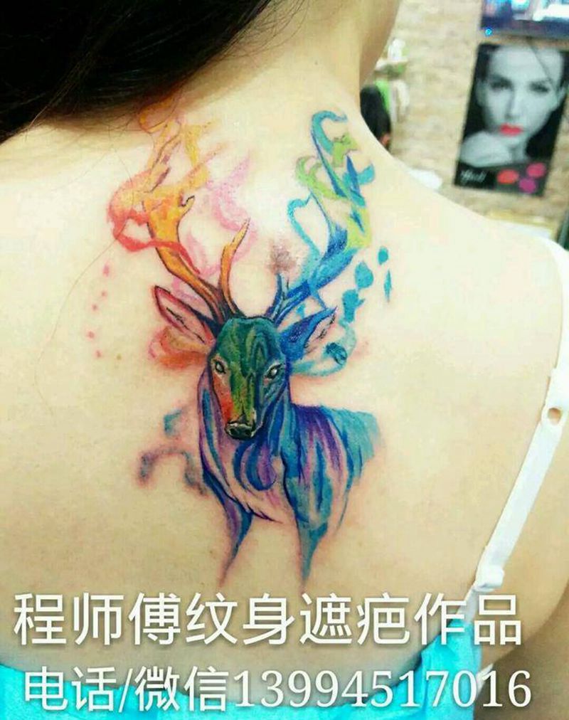 水彩小鹿遮疤纹身图片