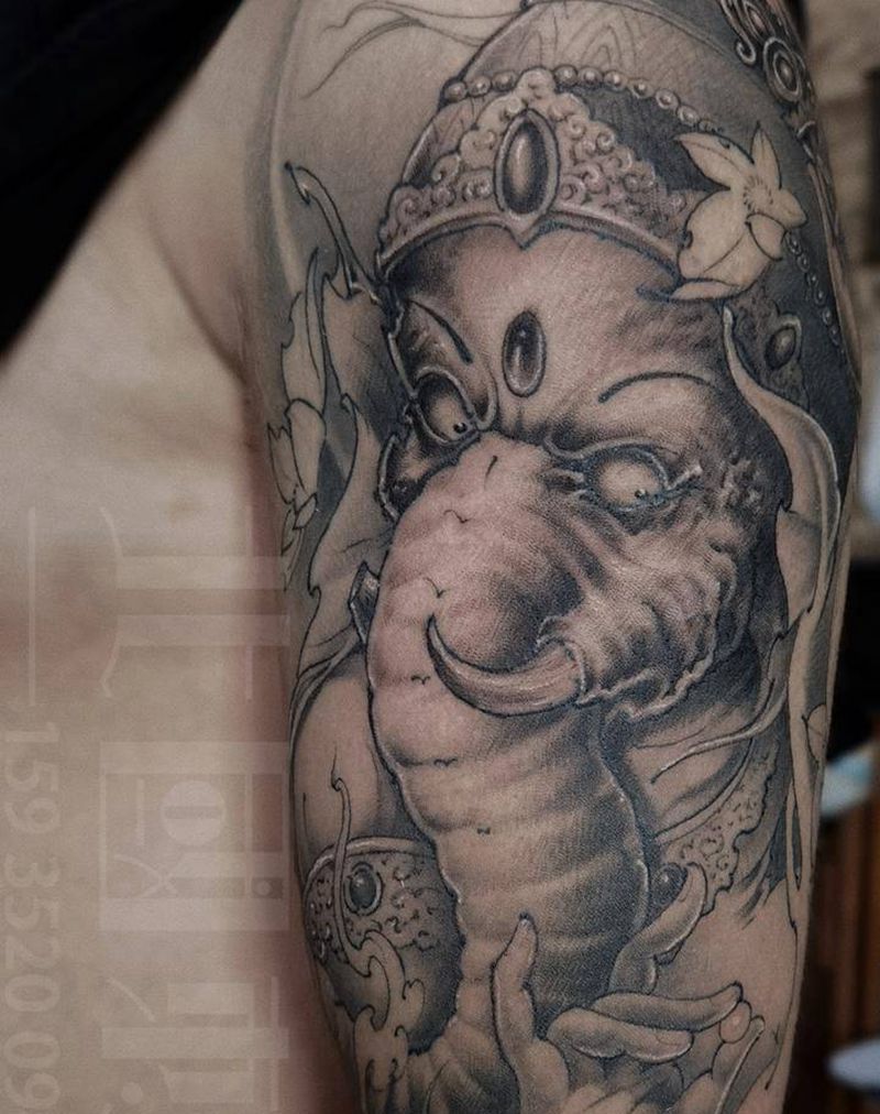 象神纹身图片_手臂肩部新传统老传统象神纹身图案