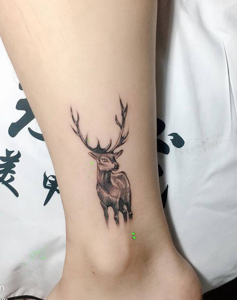 麋鹿图案纹身图片_腿部新传统点刺纹身图案