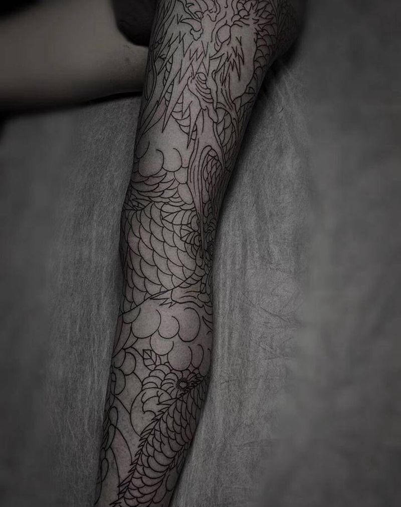 日式龙纹身图片_腿部老传统纹身图案