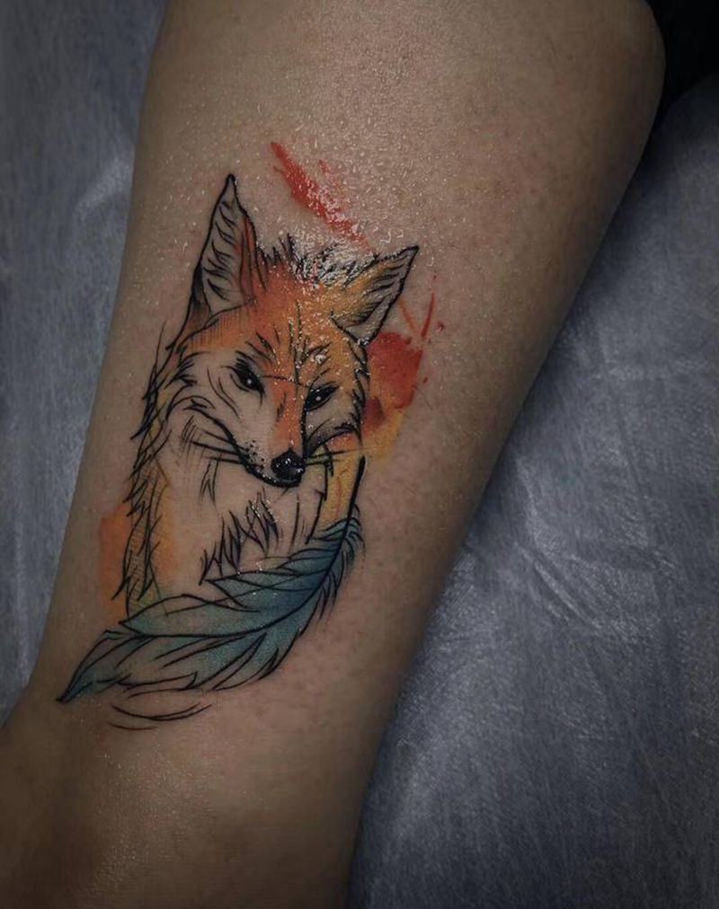 狐狸纹身图片_腿部水彩纹身图案