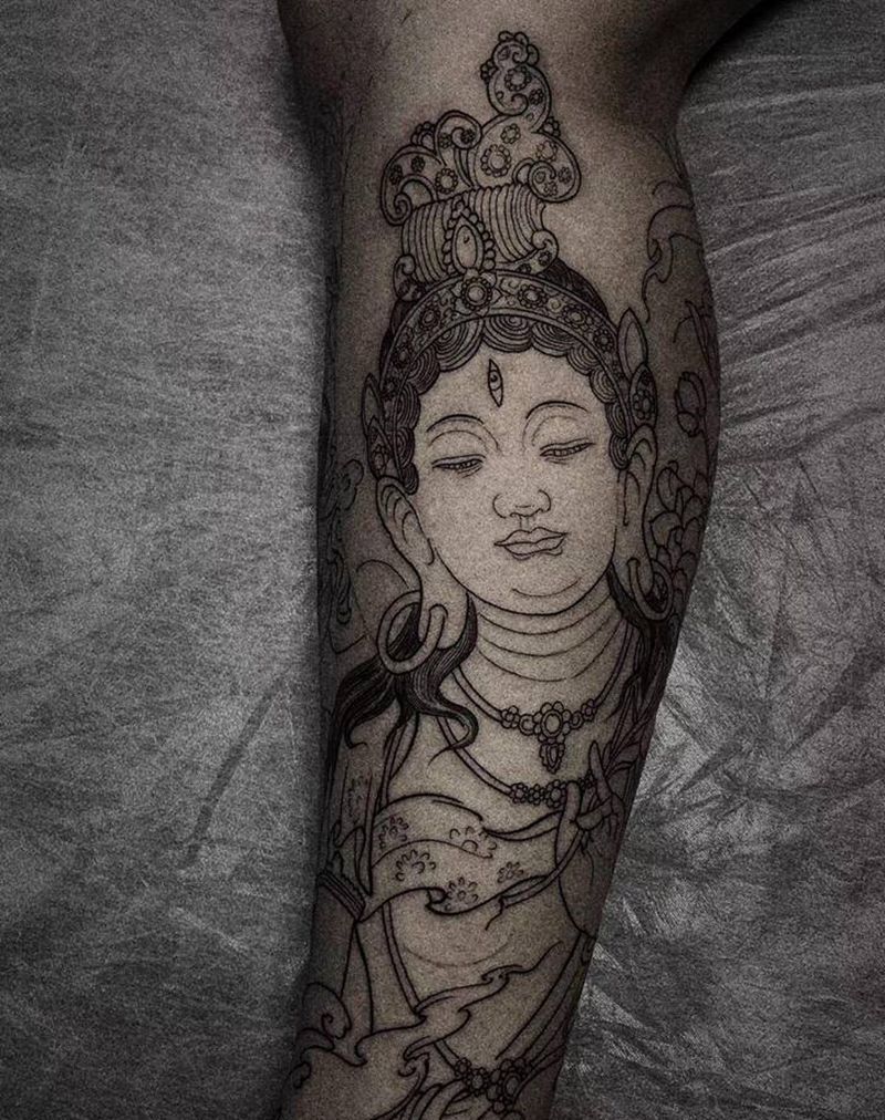 度母 线条纹身图片_腿部新传统纹身图案
