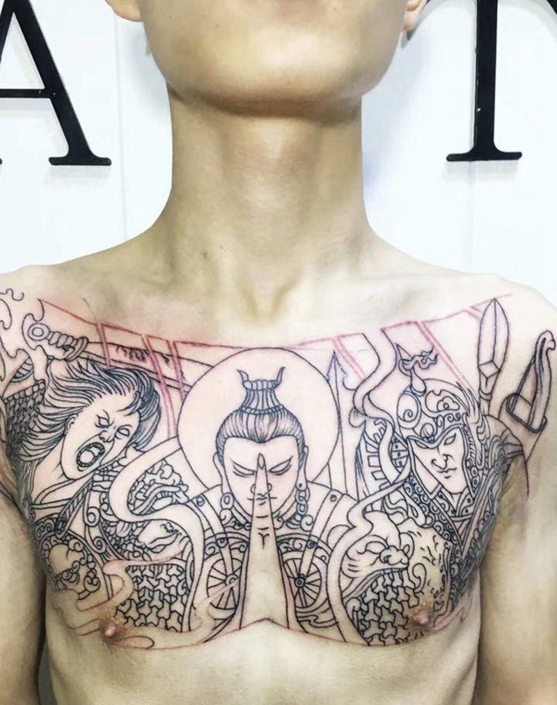 花胸作品纹身图片_胸部新传统纹身图案